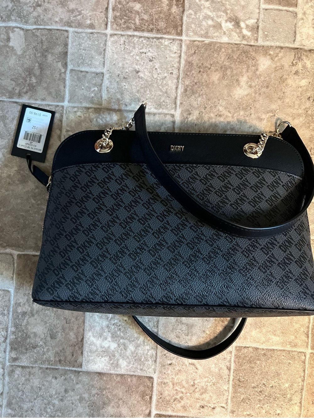 NWT DKNY Black/Gray Signature Dome Shoulder Bag with Chain Straps